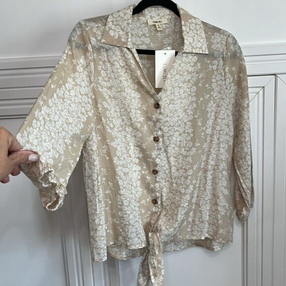 Tan and White Floral Print Button Front Blouse - Picture 3 of 3